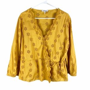 Madewell scalloped eyelet wrap top mustard xxl